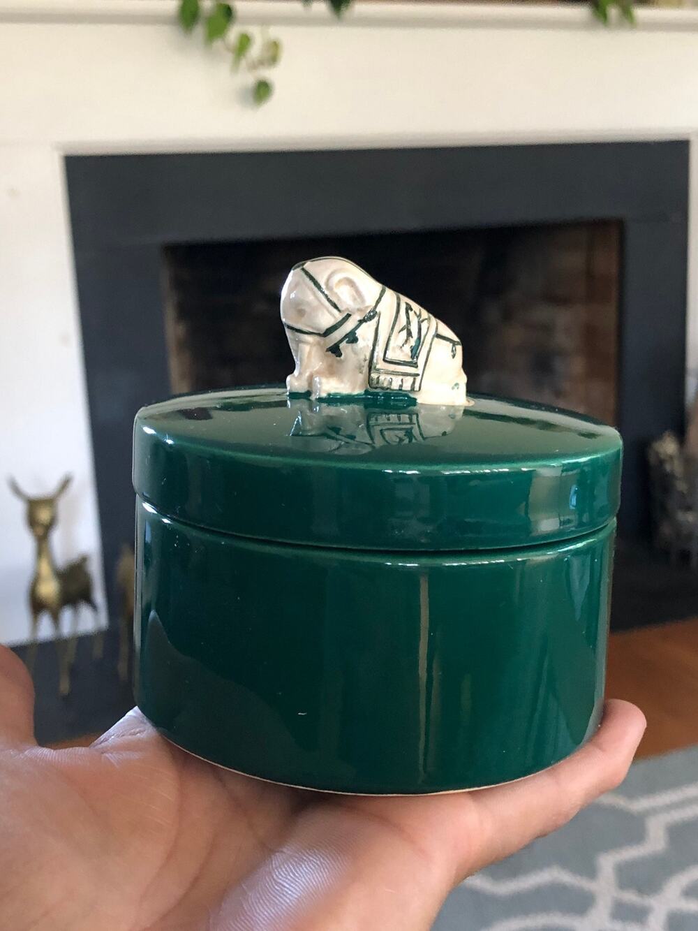 Vintage 1980 Nancy Lopez Ceramic Jewelry Box Green White Elephant Japan Round